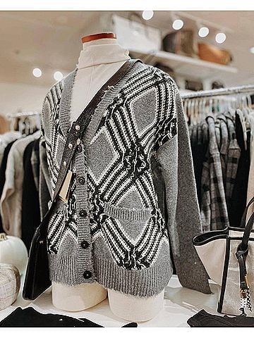 Autumn Cashmere Women's Distressed Grandpa Cardigan in Cement Combo (view 2)