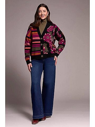 Tribal Diora Double Knit Combo Print Cardigan in Black Multi (view 2)