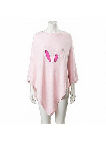 Top It Off Embroidered Bunny Ears Knit Poncho in Pink (view 1)