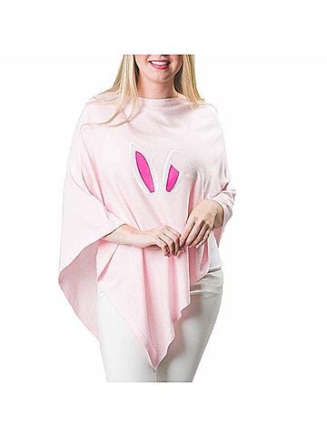Top It Off Embroidered Bunny Ears Knit Poncho in Pink (view 2)
