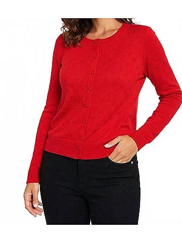 Tribal Button Down Front Pointelle Cardigan in Rouge (view 2)