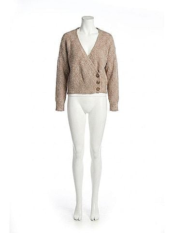 Papillon Coconut Buttons Heathered Crop Cardigan in Taupe (view 1)