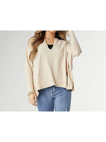 Coco + Carmen Rila Fine Gauge V-Neck Sweater With Side Slit in Beige (view 2)