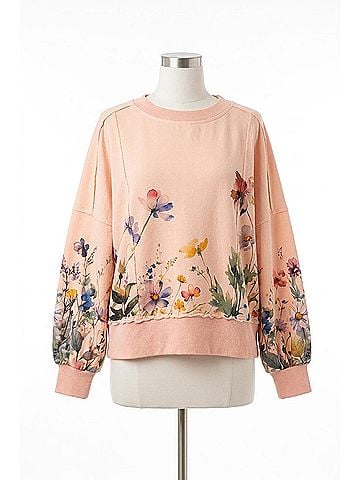 Easel Floral Printed Terry Knit Pullover Top in Coral (view 1)