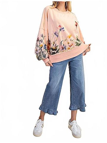 Easel Floral Printed Terry Knit Pullover Top in Coral (view 2)