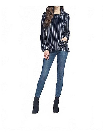 Papillon Striped Cowl Neck Sweater Top With Pocket in Navy (view 2)