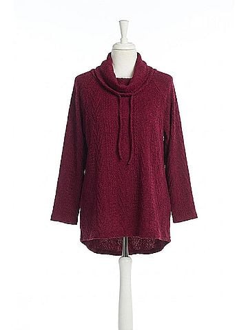 Papillon Cowl Neck Cable Knit Tunic Sweater in Wine (view 1)