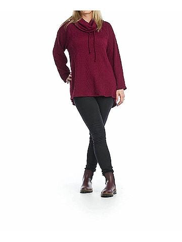 Papillon Cowl Neck Cable Knit Tunic Sweater in Wine (view 2)