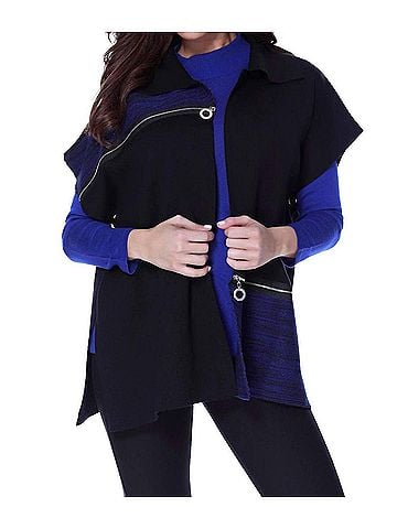 Angel Zip Detail Poncho in Black/Cobalt (view 2)