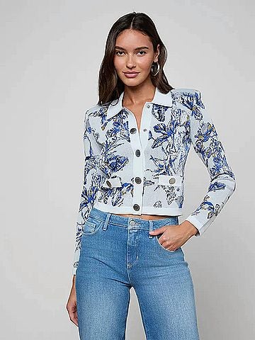 L'Agence Osiris Jacquard Cardigan in Grey Multi Watercolor Butterfly (view 2)