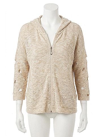 Angel Crochet Cut Out Hooded Zip Cardigan in Sand (view 1)