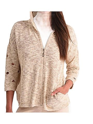 Angel Crochet Cut Out Hooded Zip Cardigan in Sand (view 2)