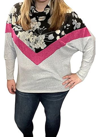 Honeyme Floral Chevron Cowlneck Sweater in Black/Grey (view 2)
