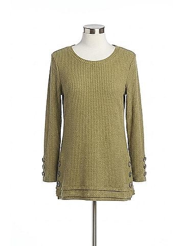 Papillon Waffle Top With Button Detail in Khaki (view 1)