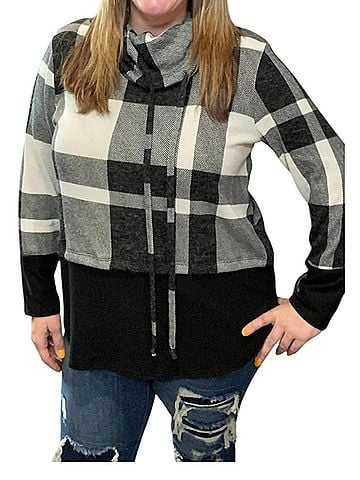 Honeyme Plaid Cowlneck Sweater in Black (view 2)