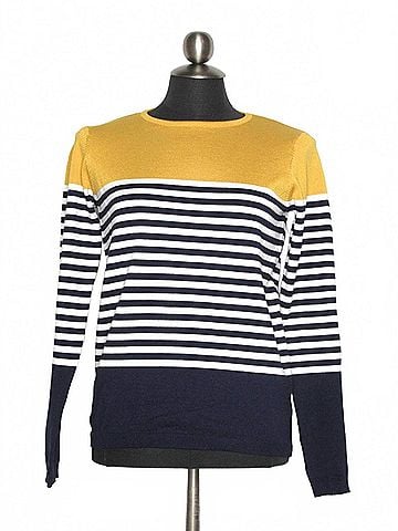 Papillon Women's Striped Sweater With Solid Yoke And Trim in Multi (view 2)
