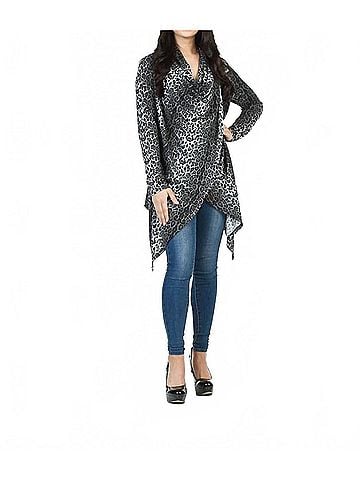 Papillon Leopard Print Crossover Drape Cardigan in Grey (view 2)
