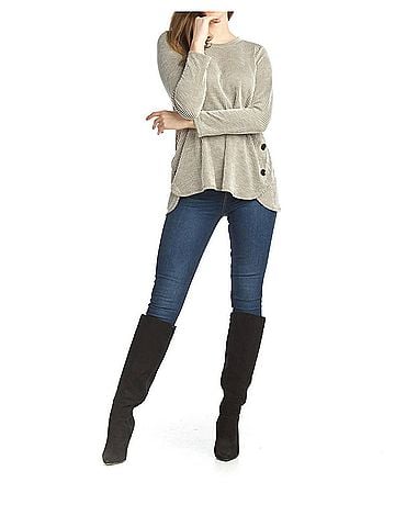 Papillon Striped Knit Sweater With Side Button Detail in Olive (view 2)