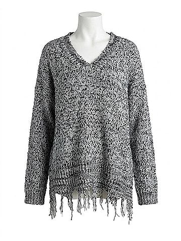 Umgee Frayed Knit Pullover Sweater in Oreo (view 1)
