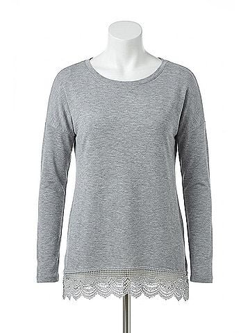 Papillon Lace Trim High Low Sweater in Heather Grey (view 1)