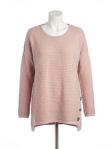 Papillon Soft Ribbed Sweater With Side Button Detail in Pink (view 1)