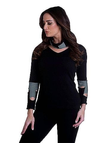 Angel Cut Work Sweater With Scarf in Black/Gray (view 2)