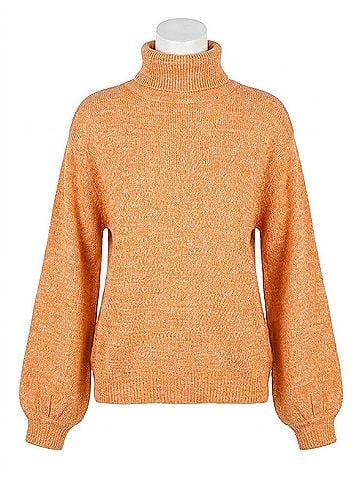 Zenana Turtleneck Melange Balloon Sleeve Sweater in Ash Mustard (view 1)