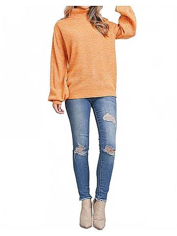 Zenana Turtleneck Melange Balloon Sleeve Sweater in Ash Mustard (view 2)