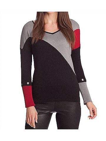 Angel Color Block V-Neck Sweater in Black Multi (view 2)