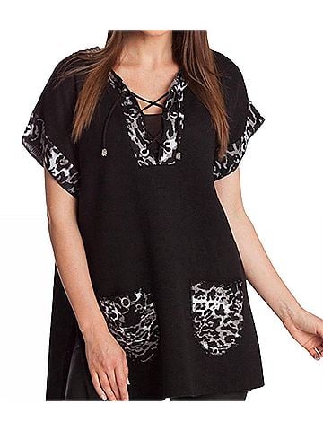 Angel Leopard Tie Up Poncho in Black/Gray (view 2)