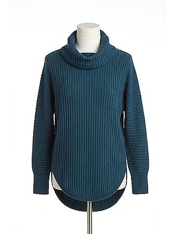 Papillon Cowl Neck Ribbed Sweater in Teal (view 1)
