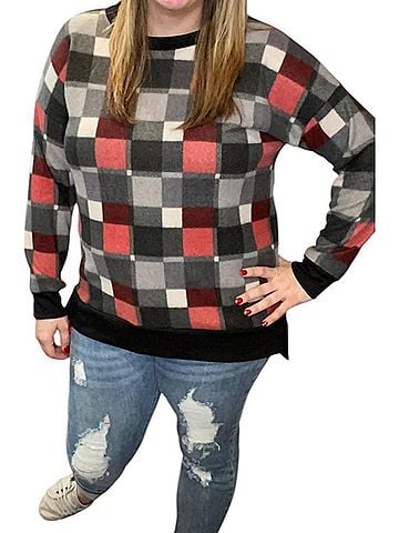 Honeyme Plaid Sweater in Red/Grey (view 2)