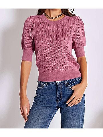 Bishop + Young Sienna Puff Sleeve Metallic Sweater in Magenta (view 2)