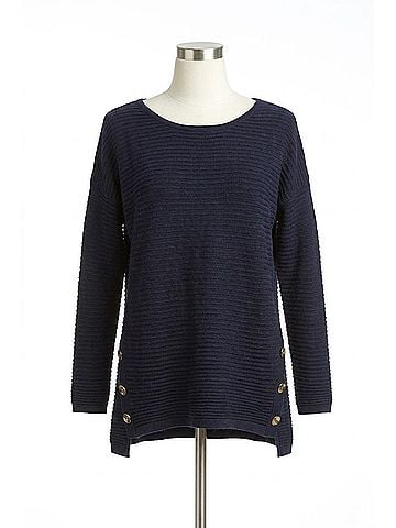 Papillon Soft Ribbed Sweater With Side Button Detail in Navy (view 1)