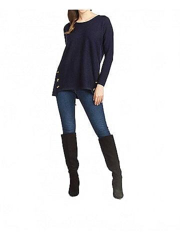 Papillon Soft Ribbed Sweater With Side Button Detail in Navy (view 2)