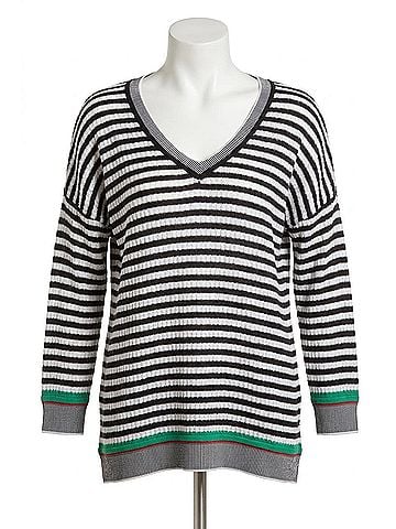 Angel Striped V-Neck 3/4 Sleeve Sweater in Black/White (view 1)