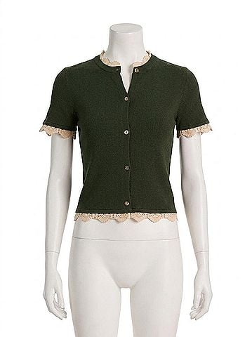 Alice + Olivia Ciara Lace Trim Cardigan in Dark Fern/Natural (view 1)