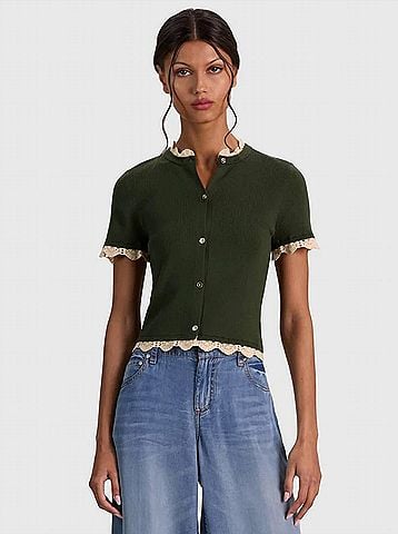 Alice + Olivia Ciara Lace Trim Cardigan in Dark Fern/Natural (view 2)