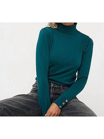 ESQUALO Billa Basic Knit Buttoned Cuff Turtleneck Sweater in Teal (view 2)