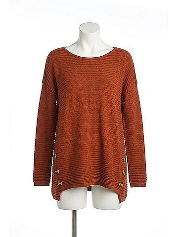 Papillon Side Button Soft Ribbed Sweater in Rust (view 1)