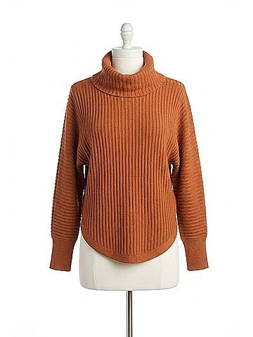 Papillon Cowl Neck Ribbed Sweater in Rust (view 1)
