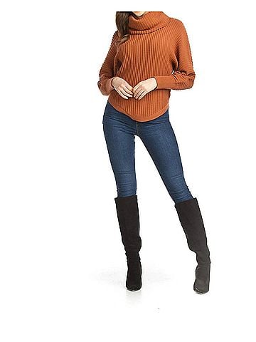Papillon Cowl Neck Ribbed Sweater in Rust (view 2)