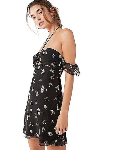 Urban Outfitters Swiss Dot Floral Halter Dress Casual Dress (view 1)