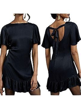 Anthropologie Black Satin Mini Dress With Ruffle Hem Casual Dress (view 1)