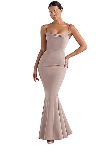 House of CB Taupe Cowl-Neck Mermaid Maxi Dress Cocktail Dress (view 1)