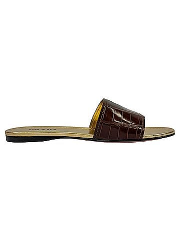 Prada Prada Croc-Embossed Slide Flat Sandals in Brown Leather (view 1)