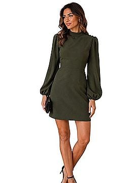 ASOS DESIGN Olive Green High Neck Puff Sleeve Mini Dress Cocktail Dress (view 1)