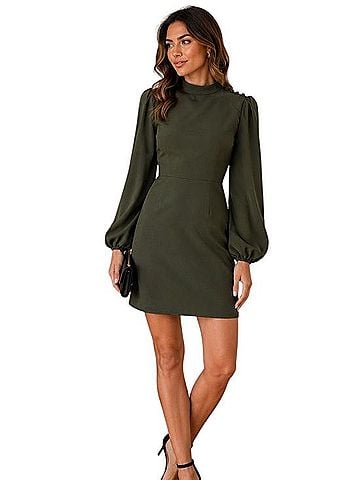 ASOS DESIGN Olive Green High Neck Puff Sleeve Mini Dress Cocktail Dress (view 1)