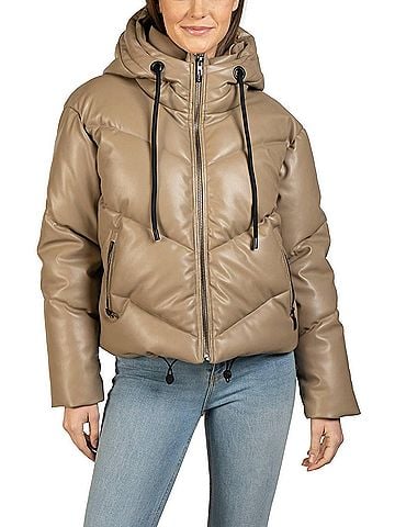Love Token Long Sleeve Hooded Puffer Jacket in Taupe (view 2)