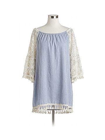 Velzera Crochet Sleeve Fringe Mini Dress in Sky Blue (view 1)